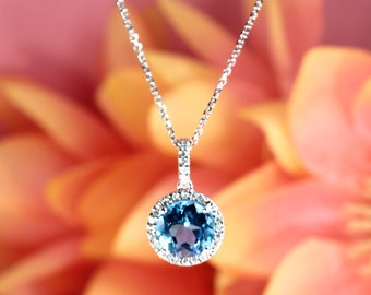 1.25 ct. Genuine Blue Topaz and 0.20 ctw Diamond Halo Necklace - 14K White Gold | Halo Topaz Pendant | Topaz and Diamond Necklace