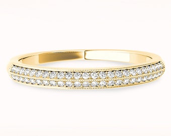 Diamond Wedding Band - 14K/18k Solid Yellow Gold | Pave Set Diamond Anniversary Ring | Milgrain Design