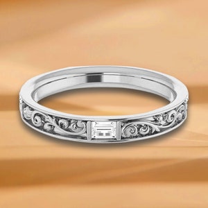 0.30 ct. Straight Baguette Cut Bar Set Diamond, Filigree Accent Wedding Band - 14K/18K White, Yellow, Rose Gold and Platinum 950