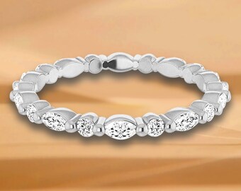 0.90 ct. Shared Prong Marquise & Round Diamond Eternity Band - 14K/18K White, Yellow, Rose Gold and Platinum 950, Natural Diamond Eternity