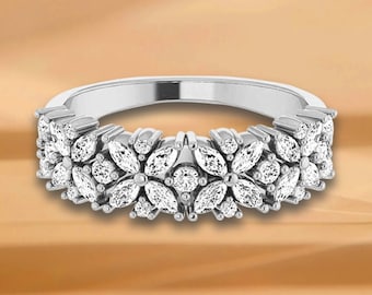 0.60 ct. Marquise And Round Diamond Floral Design Wedding Band - 14K/18K White, Yellow, Rose Gold and Platinum 950, Natural Diamonds Ring