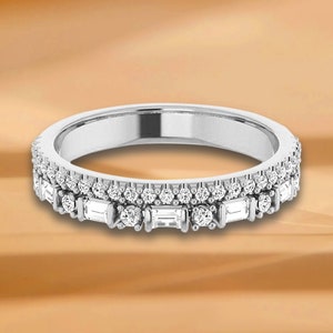 0.50 ct. Baguette & Round Cut Diamond Stackable Wedding Band - 14K/18K White, Yellow, Rose Gold and Platinum 950, Natural Anniversary Ring