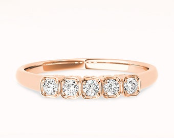 5 Stone Diamond Wedding Band - 14K/18k Solid Rose Gold | Prong Set Diamond Anniversary Ring | Modern Design