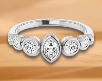 0.50 ct. Bezel Set Marquise &  Round Diamond Wedding Band-14K/18K White,Yellow,Rose Gold and Platinum 950, Natural Diamonds Anniversary Ring