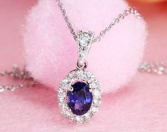 0.55 ct. Genuine Oval Sapphire and 0.30 ctw Diamond Halo Necklace - 18K White Gold | Halo Sapphire Pendant | Sapphire and Diamond Necklace