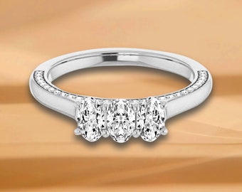 0.87 ct. Oval 3 Stone Wedding Band With Side Accent Diamonds - 14K/18K White, Yellow, Rose Gold and Platinum 950, Natural Diamonds Ring