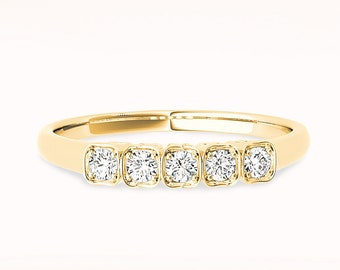 5 Stone Diamond Wedding Band - 14K/18k Solid Yellow Gold | Prong Set Diamond Anniversary Ring | Modern Design