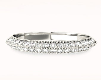 Diamond Wedding Band - 14K/18k Solid White Gold / Platinum | Prong Set  Diamond Anniversary Ring | Milgrain Design
