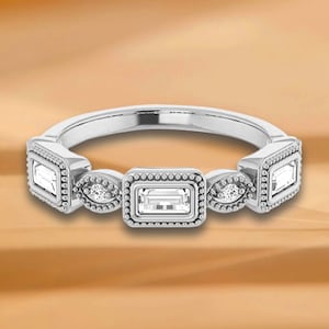 Vintage Inspired Milgrain Accent 0.45 ct. Baguette & Round Cut Diamond Wedding Band - 14K/18K White, Yellow, Rose Gold and Platinum 950