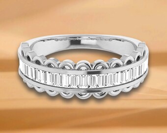 0.62 ct. Channel Set Baguette Cut Diamond Wide Wedding Band - 14K/18K White, Yellow, Rose Gold and Platinum 950, Natural Diamonds Ring
