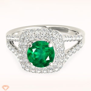 1.14 ct. Genuine Emerald Ring With 0.70 ctw. Double Row Diamond Halo,Wide Split Diamond Band| Round Emerald Halo Ring | Natural Emerald Ring