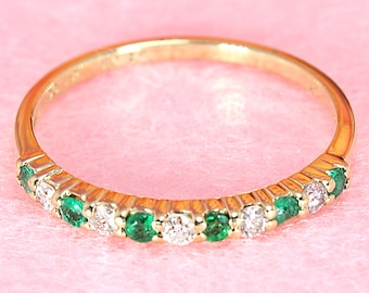 Genuine Emerald and Diamond Wedding Gemstone Ring - 14k Yellow Gold | 100% Natural Emerald & Diamonds | Gemstone Anniversary Band