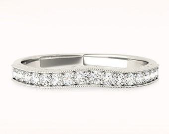 Diamond Wedding Band - 14K/18k Solid White Gold / Platinum | Pave Set  Diamond Anniversary Ring | Milgrain Design