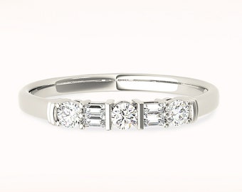 Double Row Baguette & Round Cut Diamond Wedding Band - 14K/18k Solid White Gold / Platinum | Prong And Bar Set  Diamond Anniversary Ring