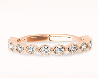 0.40 ctw Diamond Wedding Band - 14K/18k Solid Rose Gold | Prong Set Diamond Anniversary Ring | Milgrain Design