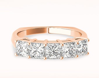 1.25 ctw Princess Cut Diamond Wedding Band - 14K/18k Solid Rose Gold | Prong Set Diamond Wedding Anniversary Ring | Modern Design
