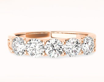 1.25 ctw 5 Stone Diamond Wedding Band - 14K/18k Solid Rose Gold | Prong Set Diamond Anniversary Ring | Modern Design