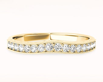 Diamond Wedding Band - 14K/18k Solid Yellow Gold | Pave Set Diamond Anniversary Ring | Milgrain Design