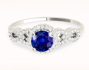 1.35 ct. Genuine Blue Sapphire Ring With  0.25 ctw. Diamond Halo, Open Rounded Diamond Band | Natural Sapphire And Diamond Gemstone Ring