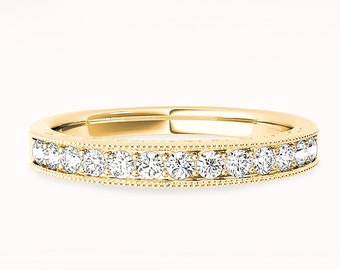 0.34 ctw Diamond Wedding Band - 14K/18k Solid Yellow Gold | Prong Set Diamond Anniversary Ring | Milgrain Design