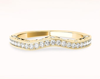 Diamond Wedding Band - 14K / 18k Oro amarillo sólido / Banda de filigrana abierta curva / Anillo de aniversario de bodas de diamante de diseño milgrain / Diseño moderno
