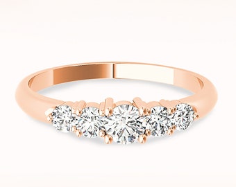 0.75 ctw 5 Stone Diamond Wedding Band - 14K/18k Solid Rose Gold | Prong Set Diamond Anniversary Ring | Modern Design