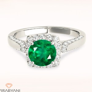 1.75 ct. Genuine Emerald Vintage Halo Ring With 0.55 ctw. Side and Accent Diamonds | Round Halo Emerald Engagement Ring | Green Emerald