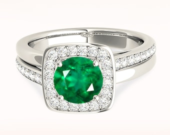 1.14 ct. Genuine Round Emerald Ring With 0.25 ctw. Diamond Cushion Halo, Diamond And Solid Gold Band | Round Emerald Halo Ring |Emerald Ring