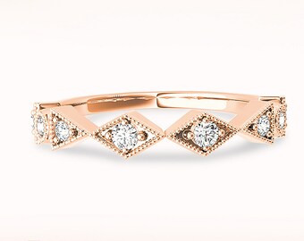 Diamond Wedding Band - 14K/18k Solid Rose Gold | Prong Set Diamond Anniversary Ring | Milgrain Design