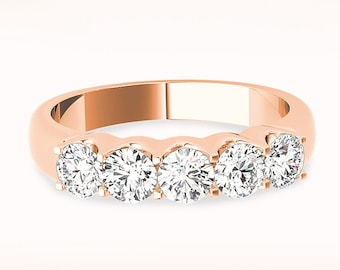 1.00 ctw 5 Stone Diamond Wedding Band - 14K/18k Solid Rose Gold | Prong Set Diamond Anniversary Ring | Modern Design