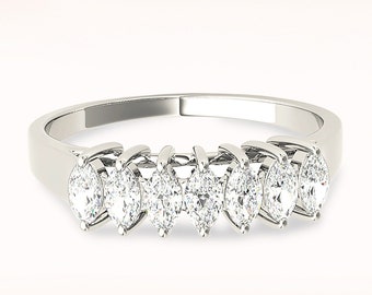 0.50 ctw Marquise Cut Diamond Wedding Band - 14K/18k Solid White Gold / Platinum | 7 Stone Marquise Diamond Wedding Anniversary Ring