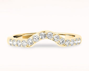 Diamond Wedding Band - 14K/18k Solid Yellow Gold | Curved band | Diamond Wedding Anniversary Ring | Modern Design