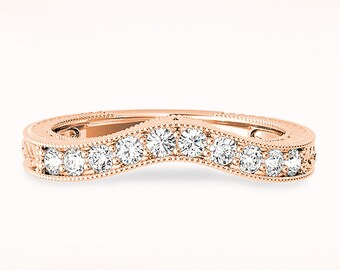 0.50 ctw Diamond Wedding Band - 14K/18k Solid Rose Gold | Hand Engraved Curved Band | Milgrain Design Diamond Wedding Anniversary Ring