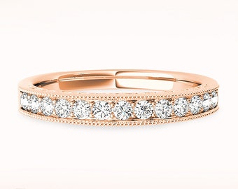 0.34 ctw Diamond Wedding Band - 14K/18k Solid Rose Gold | Prong Set Diamond Anniversary Ring | Milgrain Design