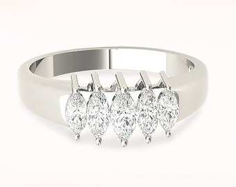 0.70 ctw Marquise Cut Diamond Wedding Band - 14K/18k Solid White Gold / Platinum |5 Stone Marquise Diamond Wedding Anniversary Ring