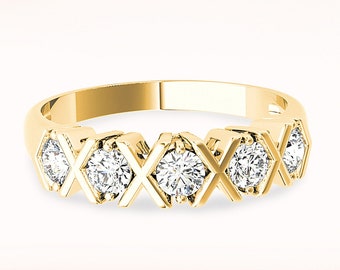 1.00 ctw Diamond Wedding Band - 14K/18k Solid Yellow Gold | X band Diamond Anniversary Ring | Modern Design
