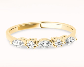 0.34 ctw Round and Marquise Cut Diamond Wedding Band - 14K/18k Solid Yellow Gold | Prong Set Diamond Wedding Anniversary Ring Modern Design