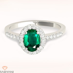 1.30 ct. Genuine Oval Emerald With 0.25 ctw. Diamond Halo, Filigree Basket, Thin Diamond Band | Round Emerald Halo Ring | Emerald Ring