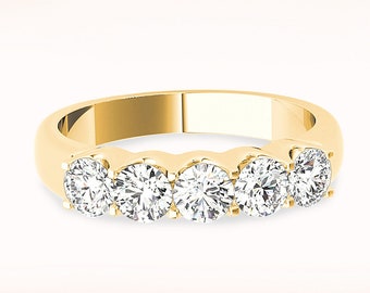 1.00 ctw 5 Stone Diamond Wedding Band - 14K/18k Solid Yellow Gold | Prong Set Diamond Anniversary Ring | Modern Design