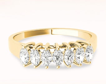 0.50 ctw Marquise Cut Diamond Wedding Band - 14K/18k Solid Yellow Gold | 7 Stone Marquise Diamond Wedding Anniversary Ring | Modern Design