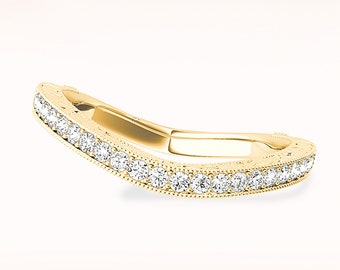 Diamond Wedding Band - 14K/18k Solid Yellow Gold | Curved Band Art Deco|Diamond Wedding Anniversary Ring|Modern Design Wedding Ring