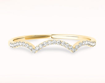 Diamond Wedding Band - 14K/18k Solid Yellow Gold | Wave Design Curved Band | Diamond Anniversary Ring | Modern Design | Custom Matching Band