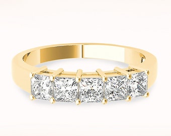 1.30 ctw Princess Cut Diamond Wedding Band - 14K/18k Solid Yellow Gold | Prong Set 5 Stone Diamond Wedding Anniversary Ring