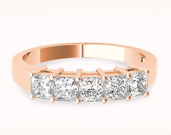 1.30 ctw Princess Cut Diamond Wedding Band - 14K/18k Solid Rose Gold | Prong Set 5 Stone Diamond Wedding Anniversary Ring