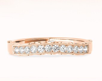 Diamond Wedding Band - 14K/18k Solid Rose Gold | Curved band Art Deco | Diamond Wedding Anniversary Ring | Modern Design