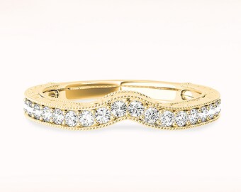 Diamond Wedding Band - 14K/18k Solid Yellow Gold | Curved Band Art Deco|Diamond Wedding Anniversary Ring|Modern Design Wedding Ring