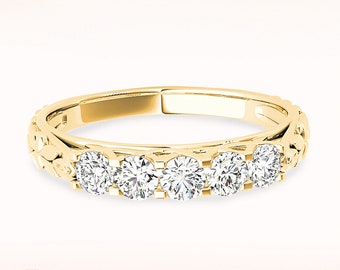 0.90 ctw Diamond Wedding Band - 14K/18k Solid Yellow Gold | Prong Set Diamond Anniversary Ring | Modern Design
