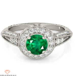 2.00 ct. Genuine Emerald Vintage Inspired Halo Ring With Filigree and  0.40 ctw. Side Diamonds | Antique Emerald Halo Ring | Natural Emerald
