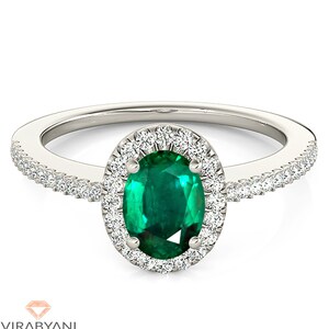 0.98 ct. Genuine Oval Emerald Ring With 0.20 ctw. Diamond Halo and Diamond Thin Shank | Oval Emerald Halo Ring | Natural Emerald Ring