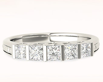 0.75 ctw Princess Cut Diamond Wedding Band - 14K/18k Solid White Gold / Platinum | Bar Set Diamond Wedding Anniversary Ring | Modern Design